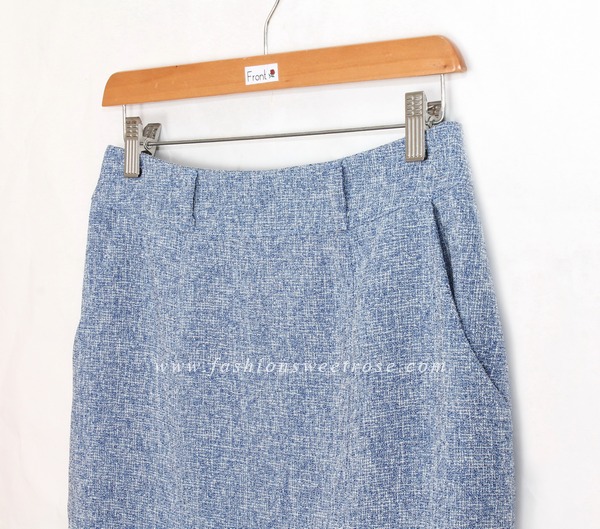 SK-429 กระโปรงแฟชั่น&ทำงาน ทรงสอบ ผ้า CHANEL สีฟ้า มีกระเป๋าล้วง 2 ข้าง