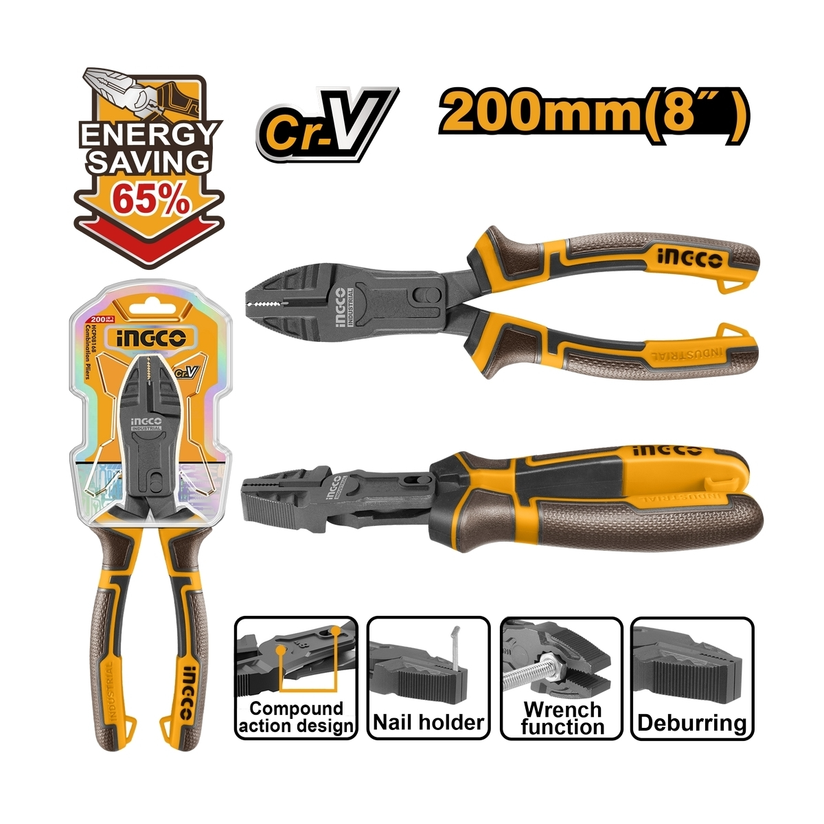 INGCO รุ่น HCCP58200 คีมปากจิ้งจก / คีมปากจะเข้่ 8 นิ้ว Compound Action เคลือบเทฟลอน