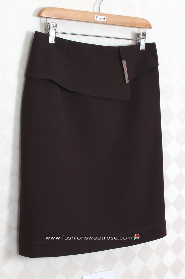 กระโปรงแฟชั่น&ทำงาน ทรงสอบ ผ้าไหมอิตาลีสีน้ำตาลเข้ม ตัดแต่งด้วยผ้า 2 ชิ้น / SK-277