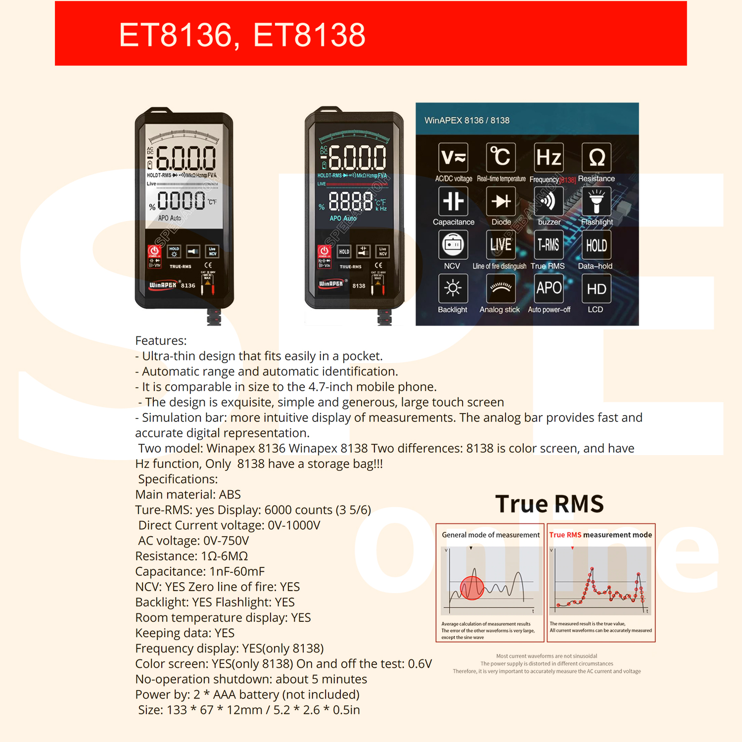 [ 1เครื่อง ] ET8136 มัลติมิเตอร์ WinAPEX ET Series Digital Multimeter ระบบออโต้ ดิจิตอลมัลติมิเตอร์ แสดงผลหน้าจอสี วัด Hz เปลี่ยนฟังก์ชั่นโดนการแตะสัมผัส Auto range ระบบสัมผัส มีไฟ LED ระบบ Touch Screen ช่วงระบุการวัดอัตโนมัติ