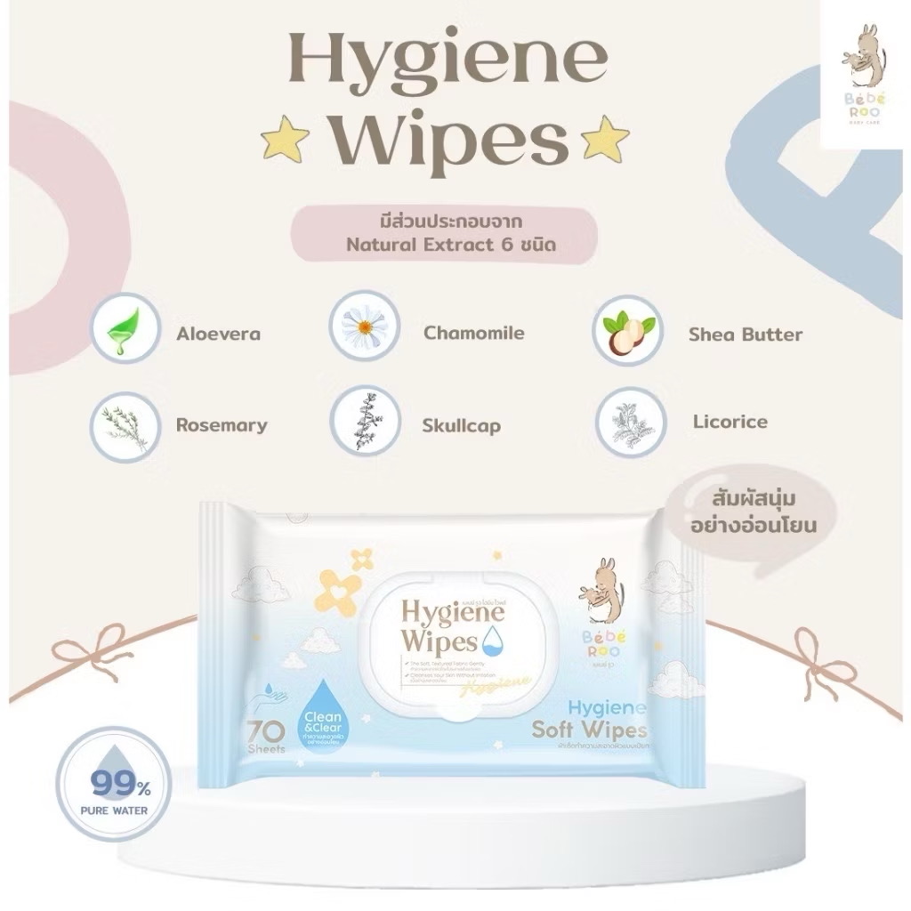 Bébé Roo Baby Hygiene Wipes | ผ้าเช็ดทำความสะอาดผิวแบบเปียก สูตรแอลกอฮอล์ (Food Grade)