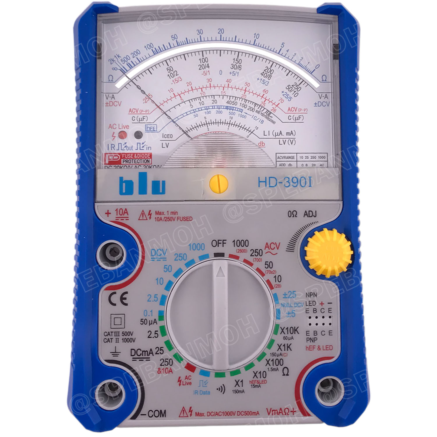 [ 1เครื่อง ] HD-390I มัลติมิเตอร์แบบเข็มอนาล็อก Blu Professional Analogue Multimeter มิเตอร์วัดไฟ วัดโวลต์ วัดกระแส มิเตอร์ AC DC มิเตอร์เข็ม วัดกะแส มัลติมิตเตอร์ แบบเข็ม กระแสตรง กระแสสลับ ค่าความต้านทาน 100VAC/DC DC500mA CATIII แม่นยำสูง
