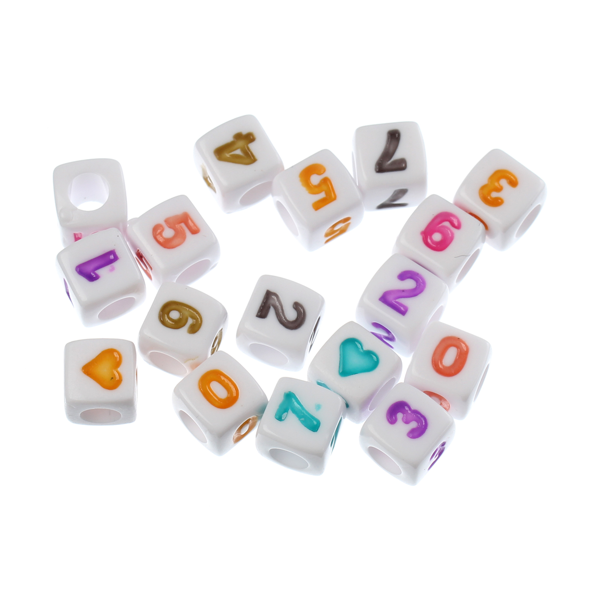 ลูกปัดอะครีลิคสีขาวสลักตัวเลข 0-9 ขนาด 7*7mm รู 3.8mm.