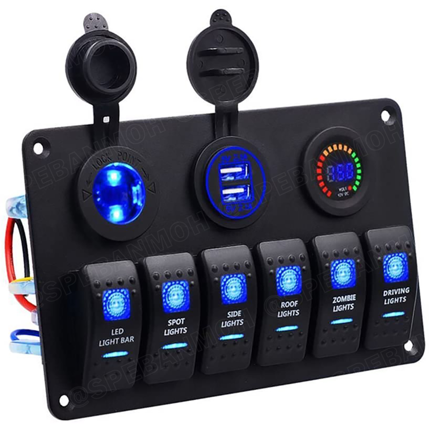 [ 1ชิ้น ] WP-441B1 แผงสวิตช์รถยนต์ เรือ กันน้ำ มีไฟ 12VDC Waterproof 6 gang Rocker Switch Panel for Marine Boat ชุดแผงสสวิทช์ 12V USB-A 2.1A 2Ch สวิทช์ 5ขา มีไฟ LED ช่องสำหรับเสียบปลั๊กจุดบุหรี่ 1ช่อง พร้อมหน้าจอแสดง ดิจิตอล โวลต์มิเตอร์