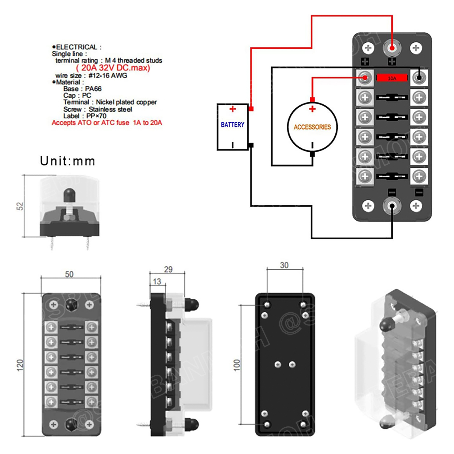 [ 1ชุด ] FB-1901 กล่องฟิวส์รถยนต์ 6 ช่อง พร้อมฝาครอบ FB-1901 6 Way Fuse Block กระบอกฟิวส์รถยนต์ 6ช่อง พร้อมลูกฟิวส์ Fuse Holder + Fuse MARINE FUSEBOX ชุดฟิวส์ตัดวงจร 12V 24V DC แผงฟิวส์รถยนค์ รถบรรทุก Auto Fuse 6 In 6 Out ชุดฟิวส์ ดีซี MAX 32VDC