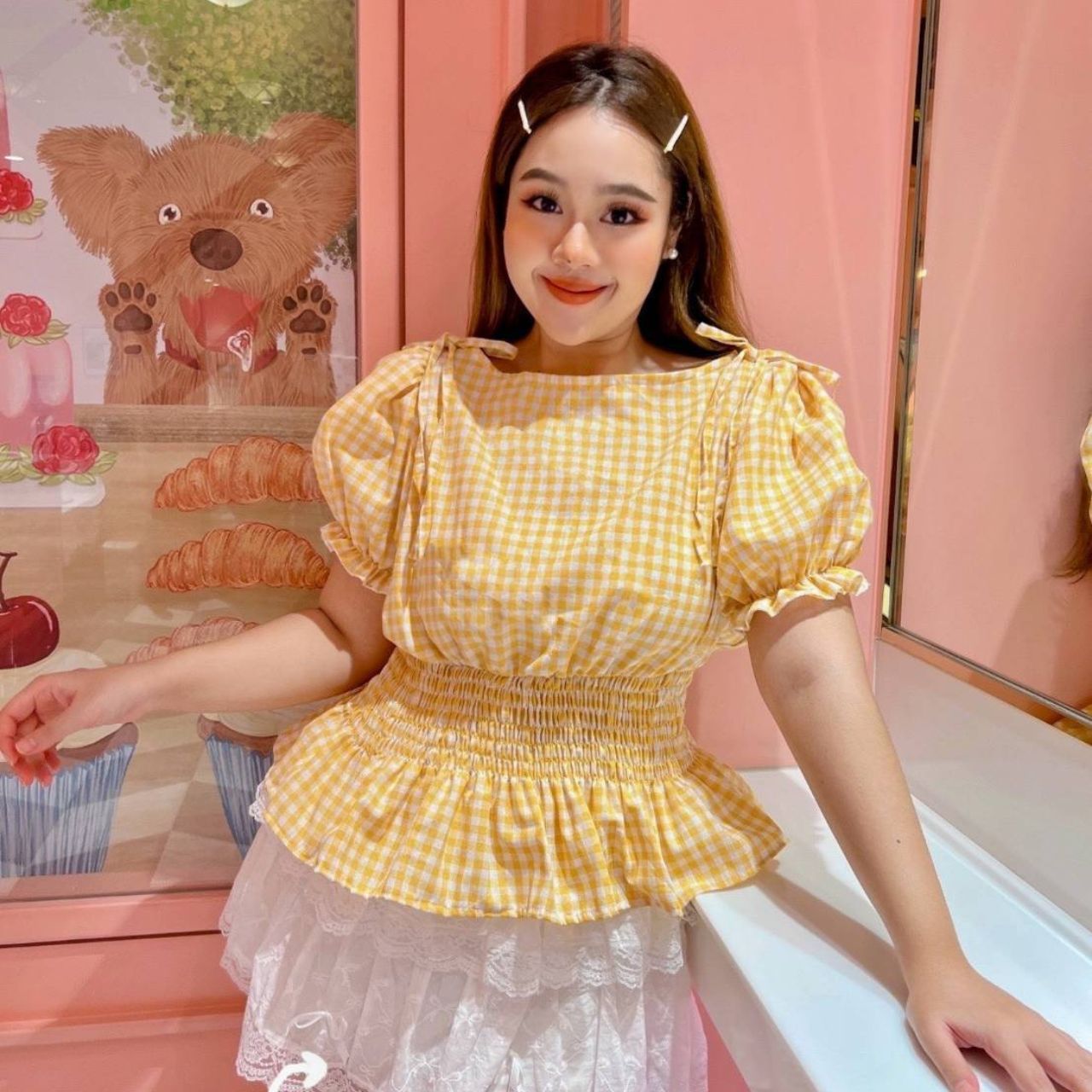 A241 เสื้อสาวอวบ Plus size ลายสก็อต เอวสม็อครอบตัว ฟ้า เหลือง แดง อกได้ถึง50 นิ้วหน้าผ้า52นิ้ว