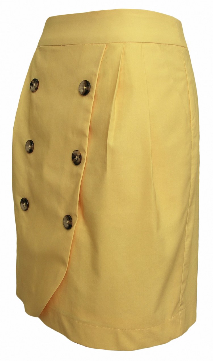 SK-092 กระโปรงแฟชั่น&ทำงาน ทรงสอบ ผ้าคอตต้อนญี่ปุ่นผสมสเปนเดกสีเหลือง แต่งด้วยกระดุม 6 เม็ด