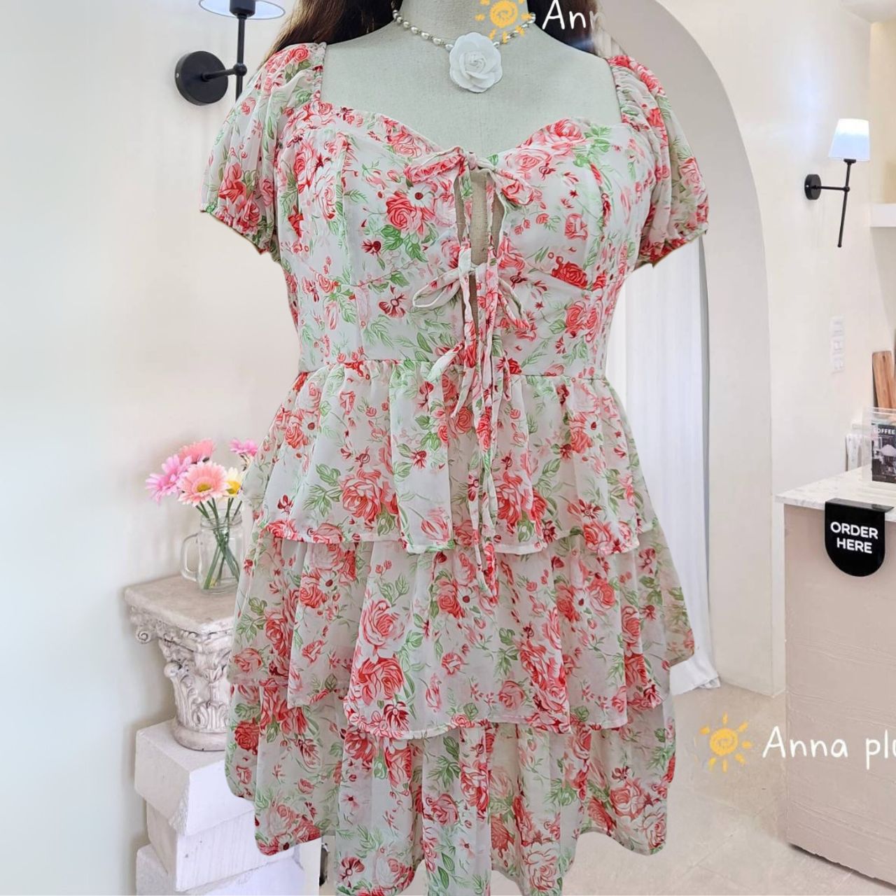 A211 เดรส สาวอวบ ซิบหลัง ผ้าชีฟอง กระโปรงซ้อนชั้น ดอกส้ม ดอกม่วง อก 40-52นิ้ว