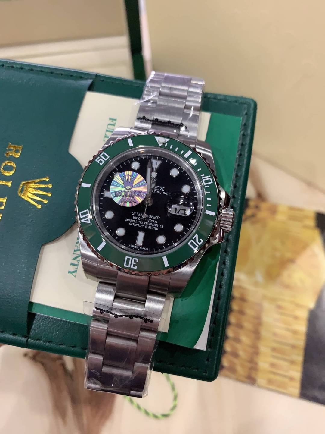 ROLEX SUBMARINER DATE 40MM 16610LV ANNIVERSARY EDITION "FLAT 4" STEEL GREEN BEZEL/BLACK DIAL