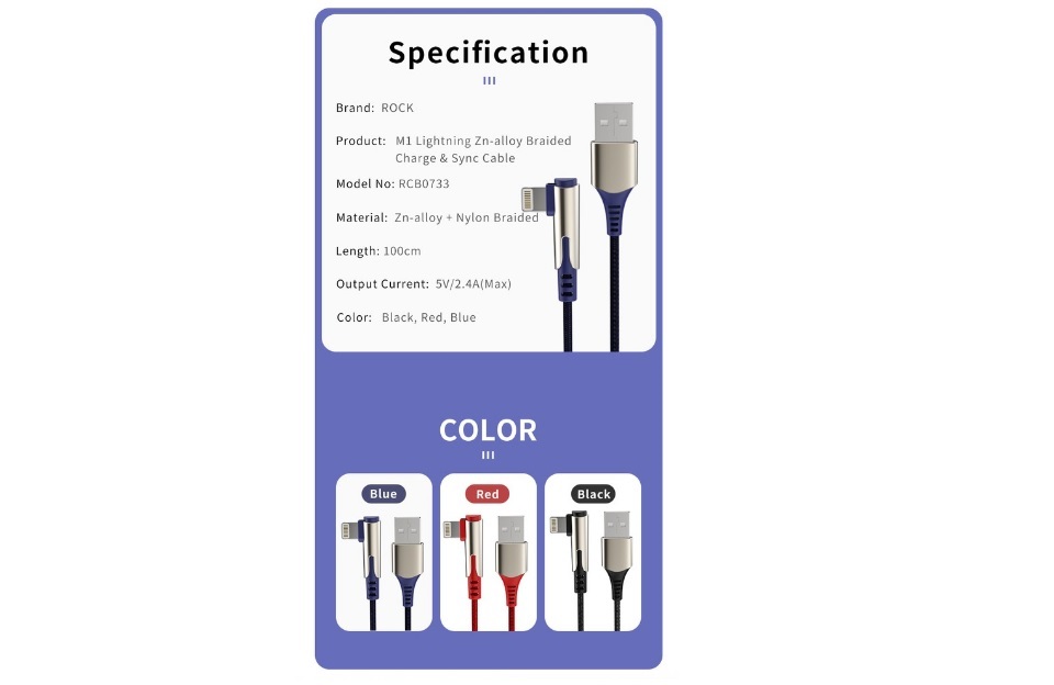 Rock M1 Lightning Zn-alloy Charge& Sync สายชาร์จเร็ว 5V 2.1A และซิงค์ สายชาร์จแบบเก็บสาย 1 เมตร
