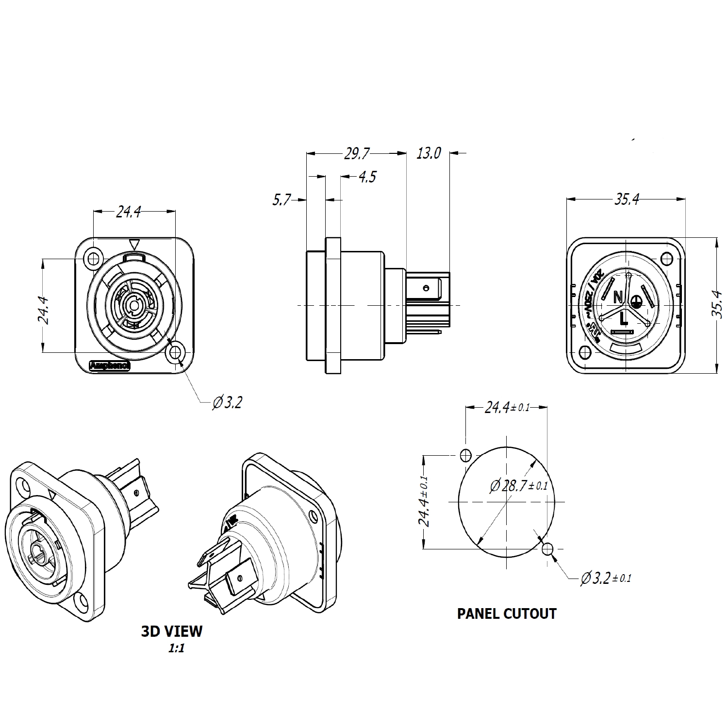 HPT-3-FD ปลั๊ก Powercon Audio ตัวเมียติดหน้าตู้ Panel Mount Female IP65 20A 250V พาวเวอร์คอน 3P กันน้ำ Amphenol Audio Power Connector HPT Amphenol AC Power Connectors คอนเน็คเตอร์กันน้ำ ปลั๊กไฟ 3ขา พาวเวอร์คอนเนคเตอร์ Power-Con 2P+E Audio amplifier power