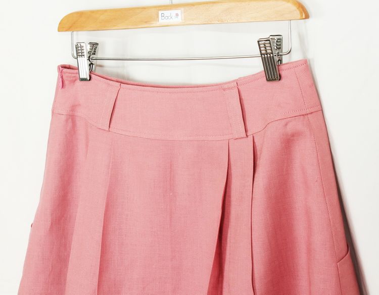 SK-192 กระโปรงแฟชั่น&ทำงาน ทรงบานผ้าลินินญี่ปุ่นสีชมพูพาสเทล มีกระเป๋าล้วงได้ 2 ข้าง