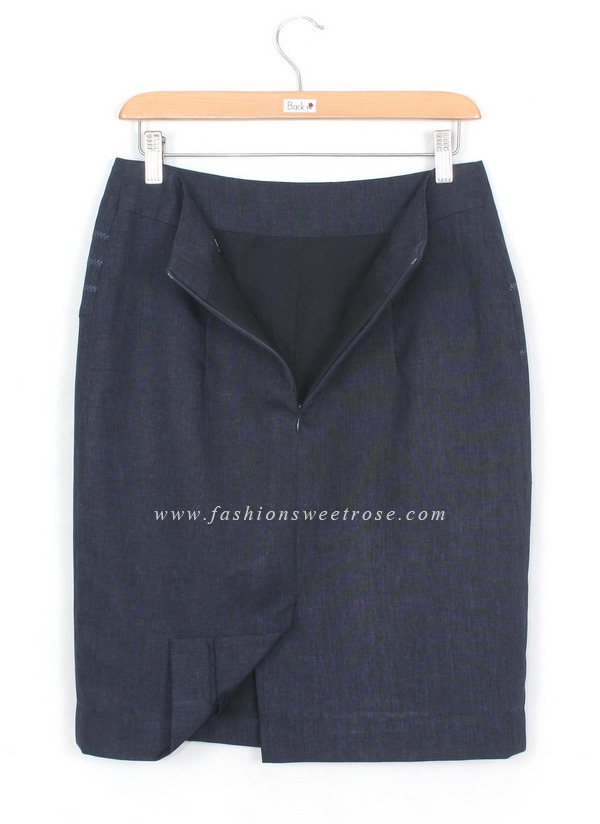 SK-425 กระโปรงแฟชั่น&ทำงาน ทรงสอบ ปักลายก้างปลา ผ้าคอตต้อนลินินไอริสสีน้ำเงิน