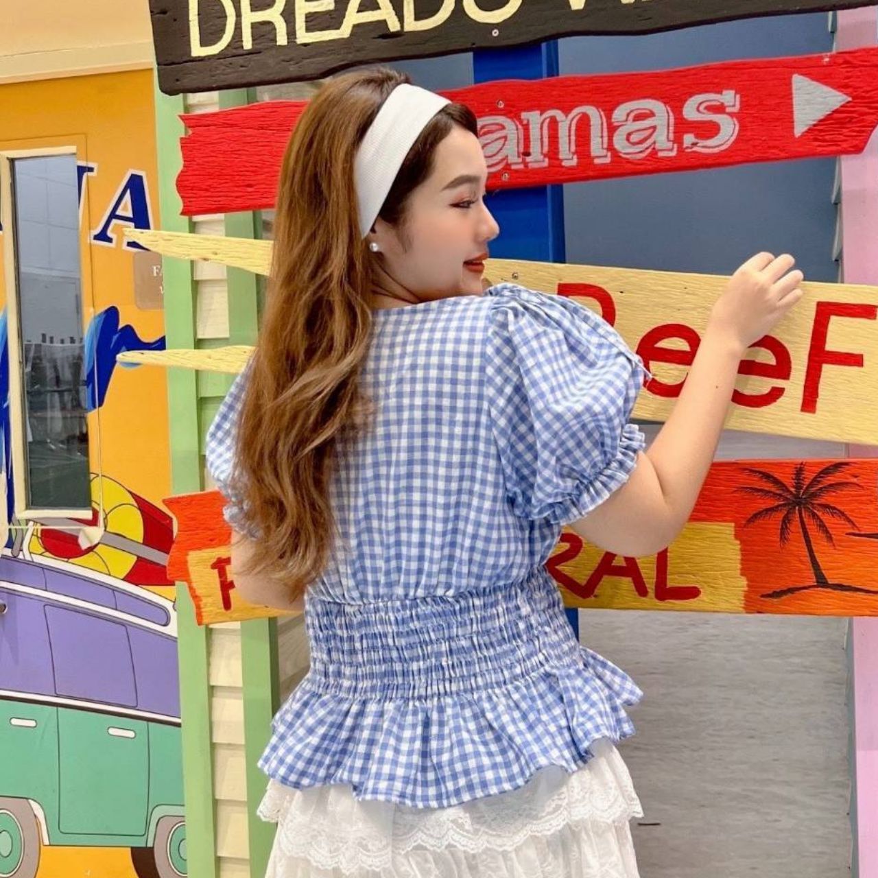 A241 เสื้อสาวอวบ Plus size ลายสก็อต เอวสม็อครอบตัว ฟ้า เหลือง แดง อกได้ถึง50 นิ้วหน้าผ้า52นิ้ว