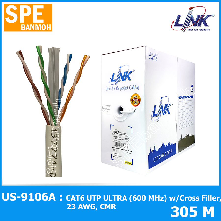[ 305 เมตร ] US-9116LSZH-305m Cat6 สำเร็จรูป พร้อมใช้ CAT 6 UTP ULTRA (600 MHZ) w/Cross Filler, 23 AWG, CMR 305 M.*/Pull Bx.