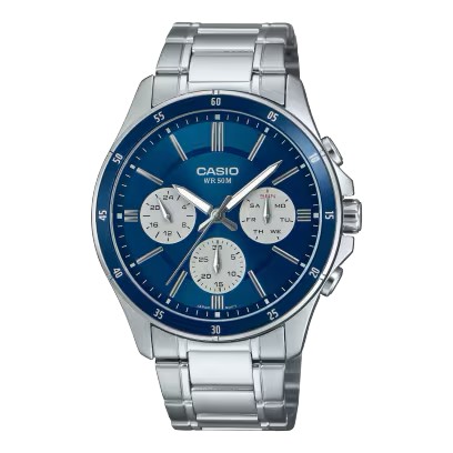 CASIO Standard รุ่น MTP-1374D-2A3V สายสีเงิน หน้าปัดสีน้ำเงิน จอในสีขาว สินค้าของเเท้ รับประกันศูนย์ CMG