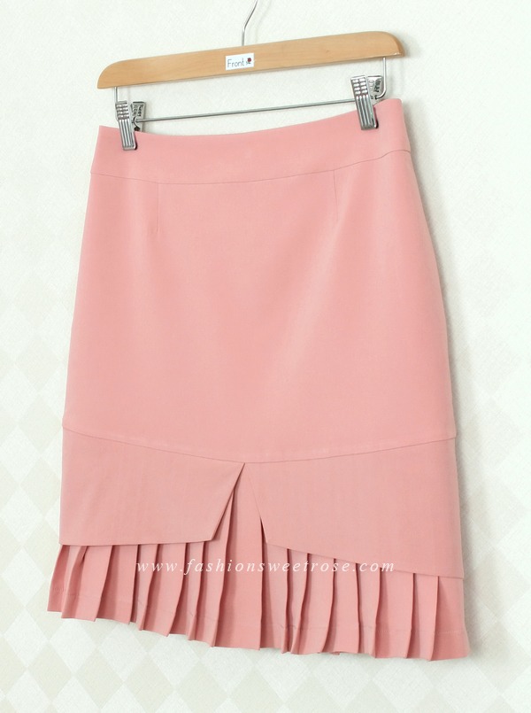 SK-299 กระโปรงแฟชั่น&ทำงาน ทรงสอบ ผ้าไหมอิตาลีสีชมพู Peach Pink ชายกระโปรงจับจีบรอบตัว