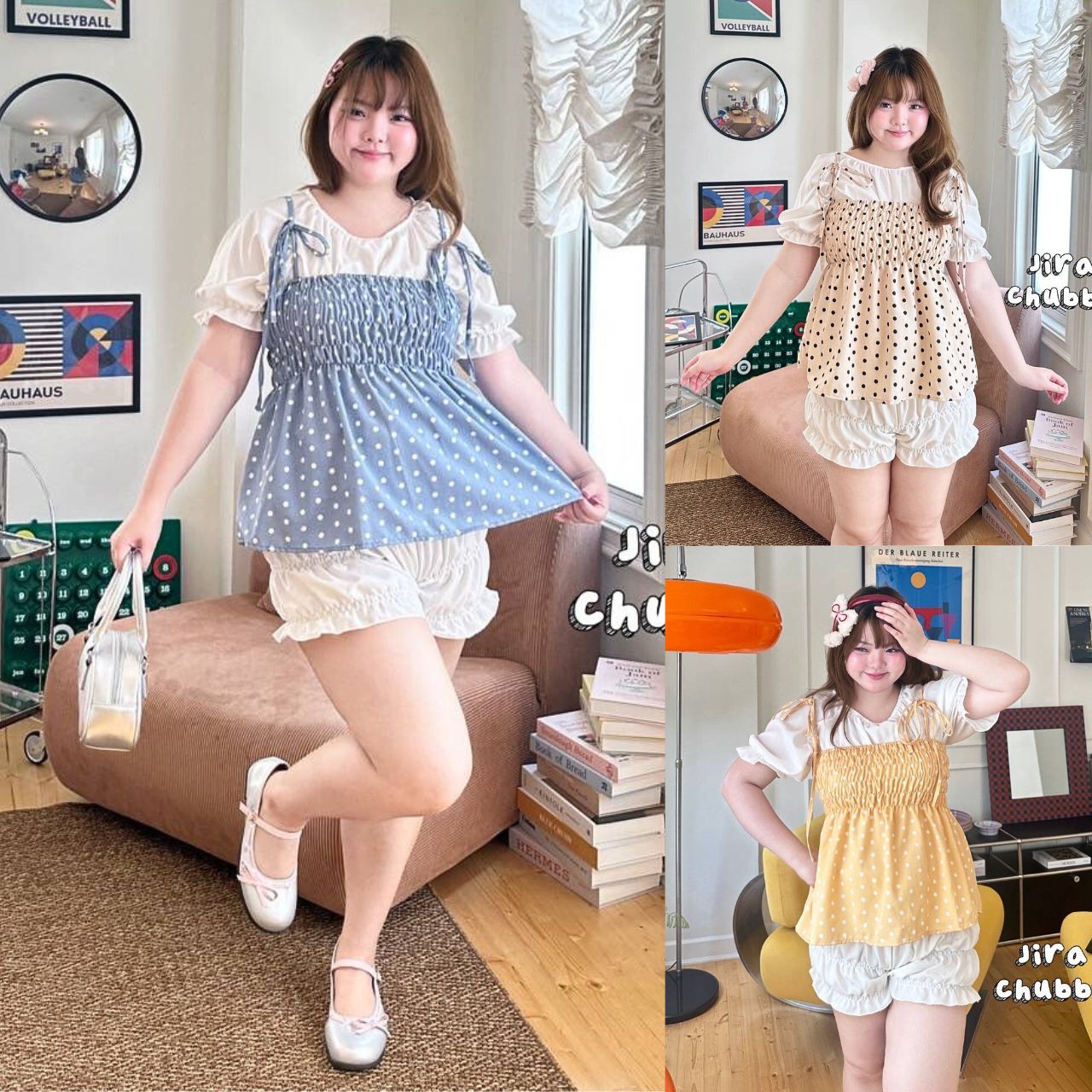 J142 เสื้อสาวอวบ เสื้อ 2 ชิ้น เสื้อ+เอี้ยมตัวนอก ผ้าไหมอินตาลี่ ตัวเอี้ยมสม็อคทั้งตัว ฟ้า เหลือง ครีม อก48"(หน้าผ้า50")