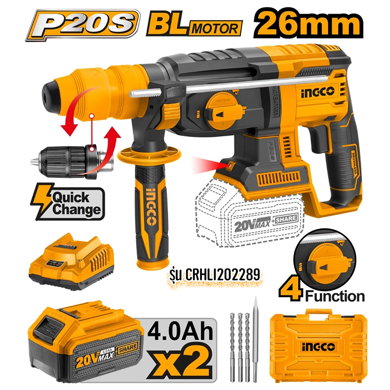 INGCO CRHLI202289 สว่านโรตารี่ ไร้สาย SDS-Plus 20 โวลต์ 3ระบบ 26มม. BL Motor (เปลี่ยนหัวได้)