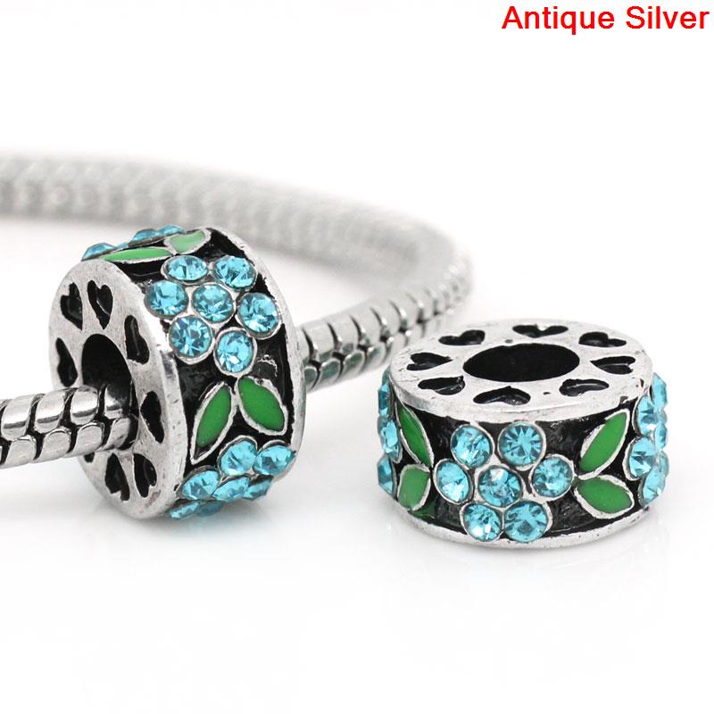 ลูกปัดเงินยุโรป antique รูใหญ่ ใบไม้enamelเขียวประดับพลอย Rhinestone สีฟ้าเทอร์ควอยซ์ ขนาด 11x7mm รู 5mm แพ็ค 2 เม็ด