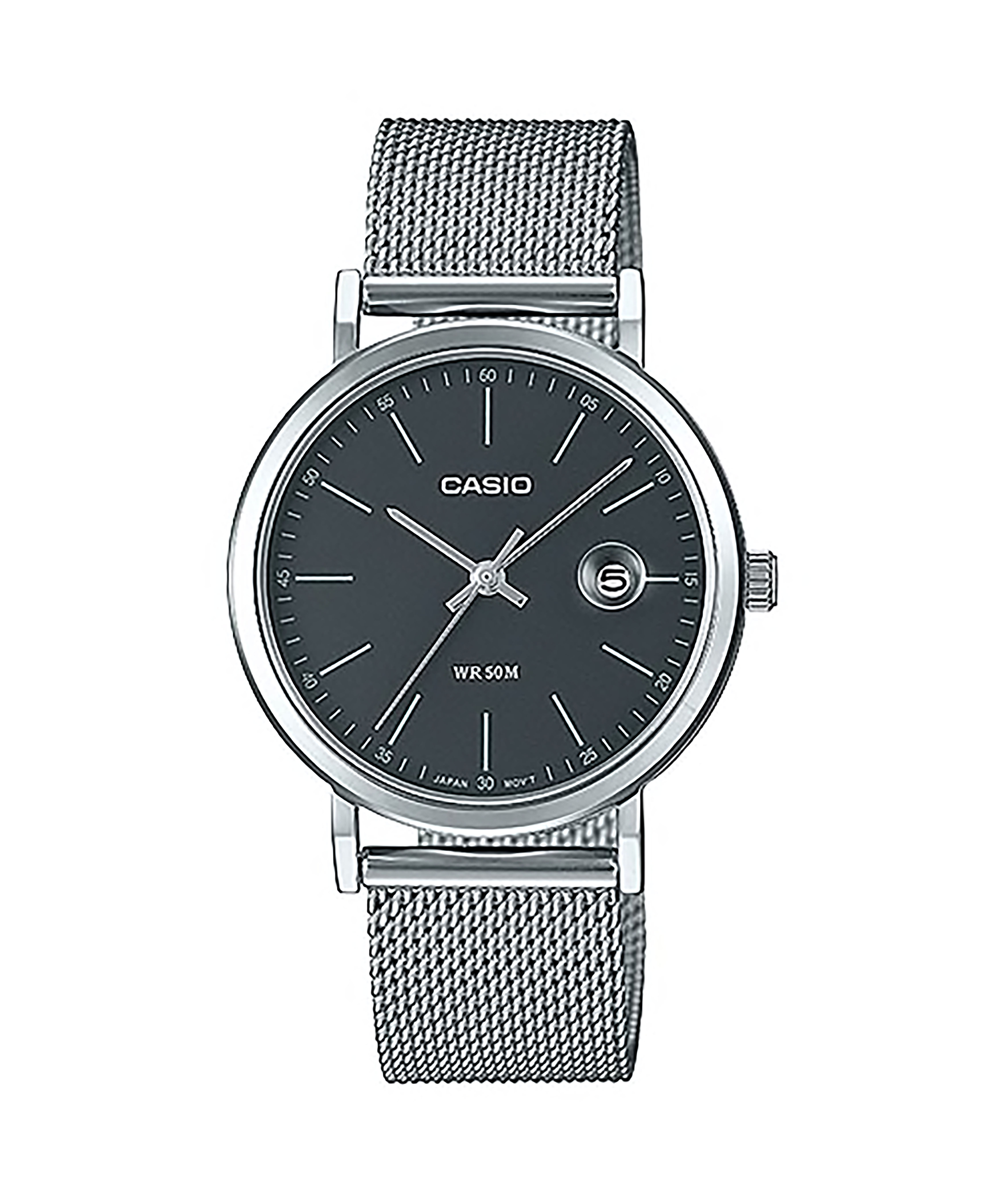 CASIO Standard รุ่น LTP-E175M-1EVDF สีเงิน จอดำ สายถัก มีวินที่ ดีไซน์แบบมินิมอล สินค้าใหม่ ของแท้ รับประกันศูนย์ CMG