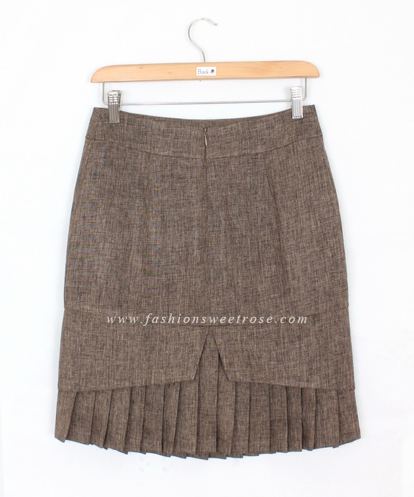 SK-427 กระโปรงแฟชั่น&ทำงาน ทรงสอบ ผ้าคอตต้อนลินินไอริส สีน้ำตาล ชายกระโปรงจับจีบรอบตัว