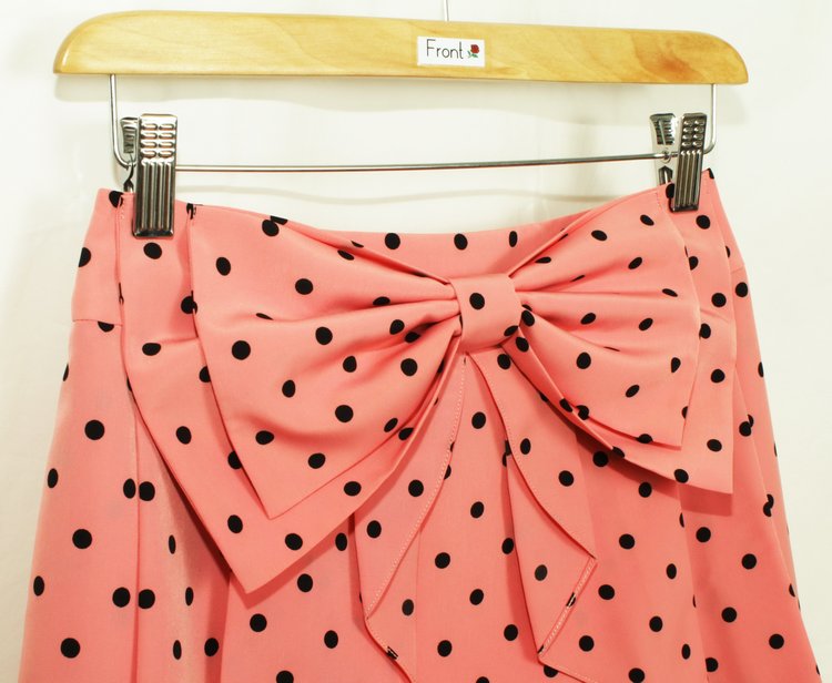 SK-169 กระโปรงแฟชั่น&ทำงาน ผ้า HIGH TWICH POKADOT สีชมพูโอรส มีโบว์ซ้อนกัน 2 ชั้น