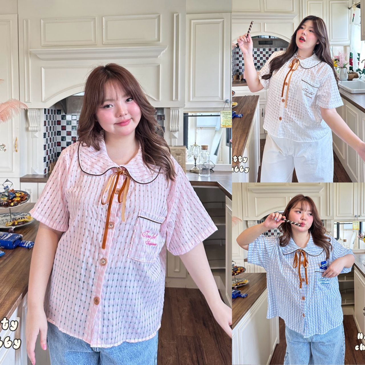 J119 เสื้อสาวอวบ เชิ้ตคอบัว แต่งริบบิ้นสีน้ำตาลผูกโบว์ที่คอ เนื้อผ้าเมล่อนมีเทคเจอร์ในตัว อก40-50 นิ้ว หน้าผ้า52นิ้ว ขาว ฟ้า ชมพู อก 40 -50 นิ้ว