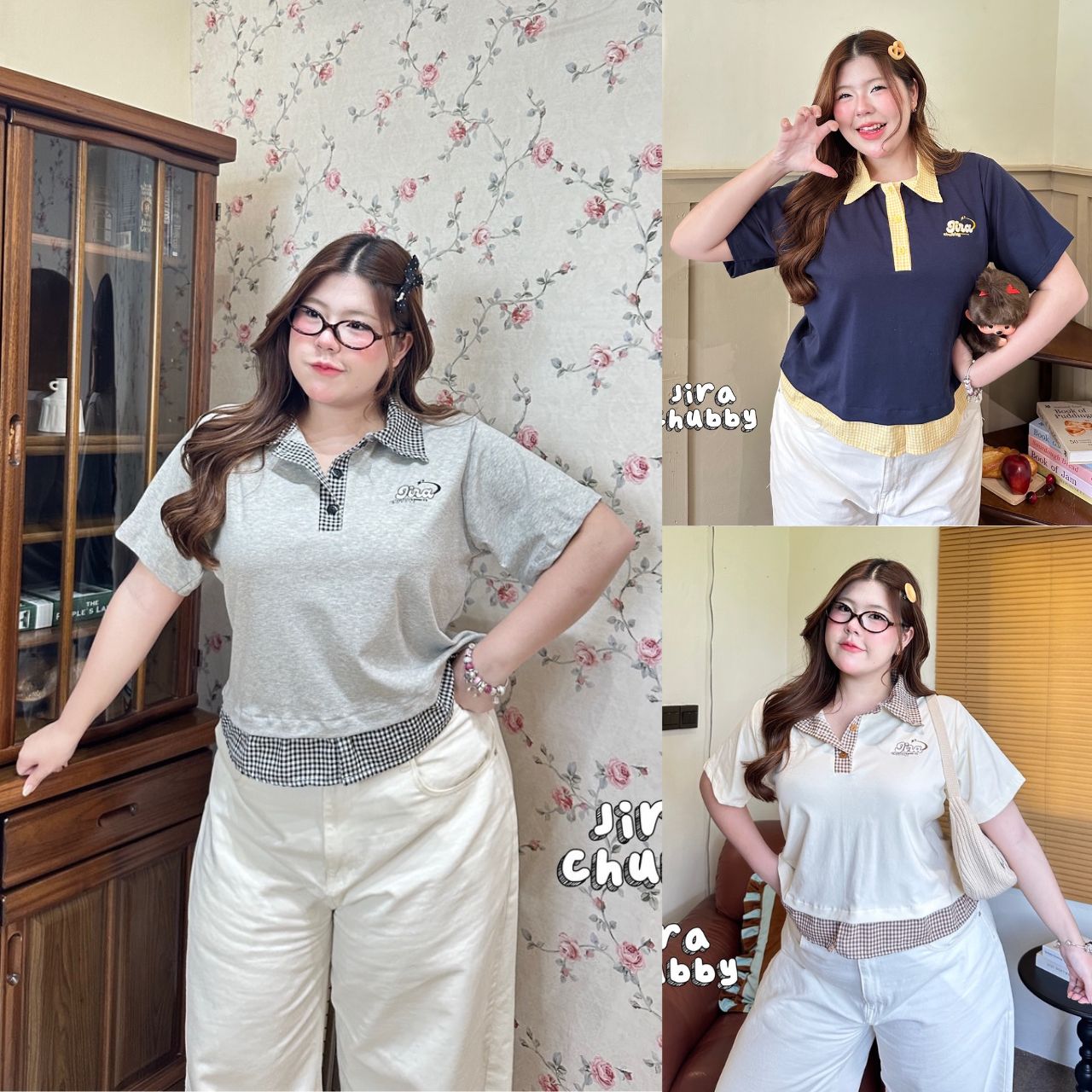 J180 เสื้อโปโล สาวอวบ ตัวเสื้อแต่งสก็อต ผ้ายืดได้เยอะ เทา น้ำเงิน ครีม อก50นิ้ว หน้าผ้า52นิ้ว