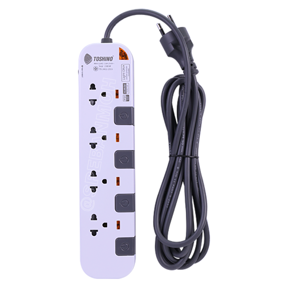 P4310-10M ปลั๊กพ่วง Toshino รางปลั๊กไฟ P Series รุ่น P4310 ยาว 10 เมตร 3x1.0 sq.mm 4ช่อง 4สวิตซ์ 10เมตร 250V 10A 2500W ระบบ Surge Protection ป้องกันไฟกระชาก Circuit Breaker ป้องกันไฟเกิน ผลิตจากวัสดุไม่ลามไฟ ม่านนิรภัย ป้องกันนิ้วมือสัมผัสทองเหลืองด้านใน