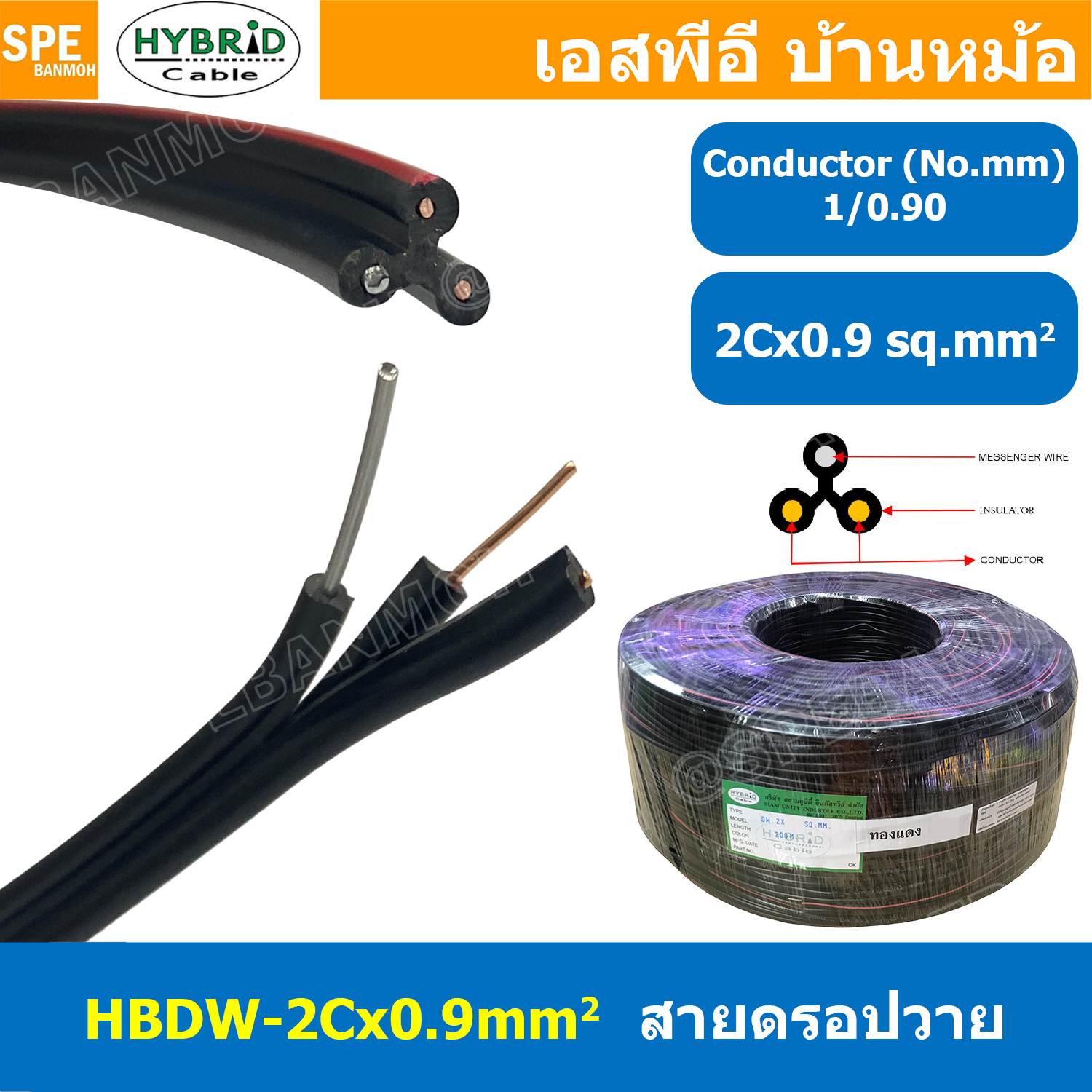 [ 5 เมตร ] HBDW-0-9 สายดรอปวาย 2Cx0.9sq.mm Drop Wire Cable ทองแดงเท้ 0.9mm2 HYBRID สายลำโพง Speaker Cable สายเดินเสียงตามสาย Copper Wire สายลำโพง มีสลิง สายไฟคู่ ดำแดง Twin cable with drop wire ทองแดงเต็ม ยี่ห้อ ไฮบริด 0.9มิล