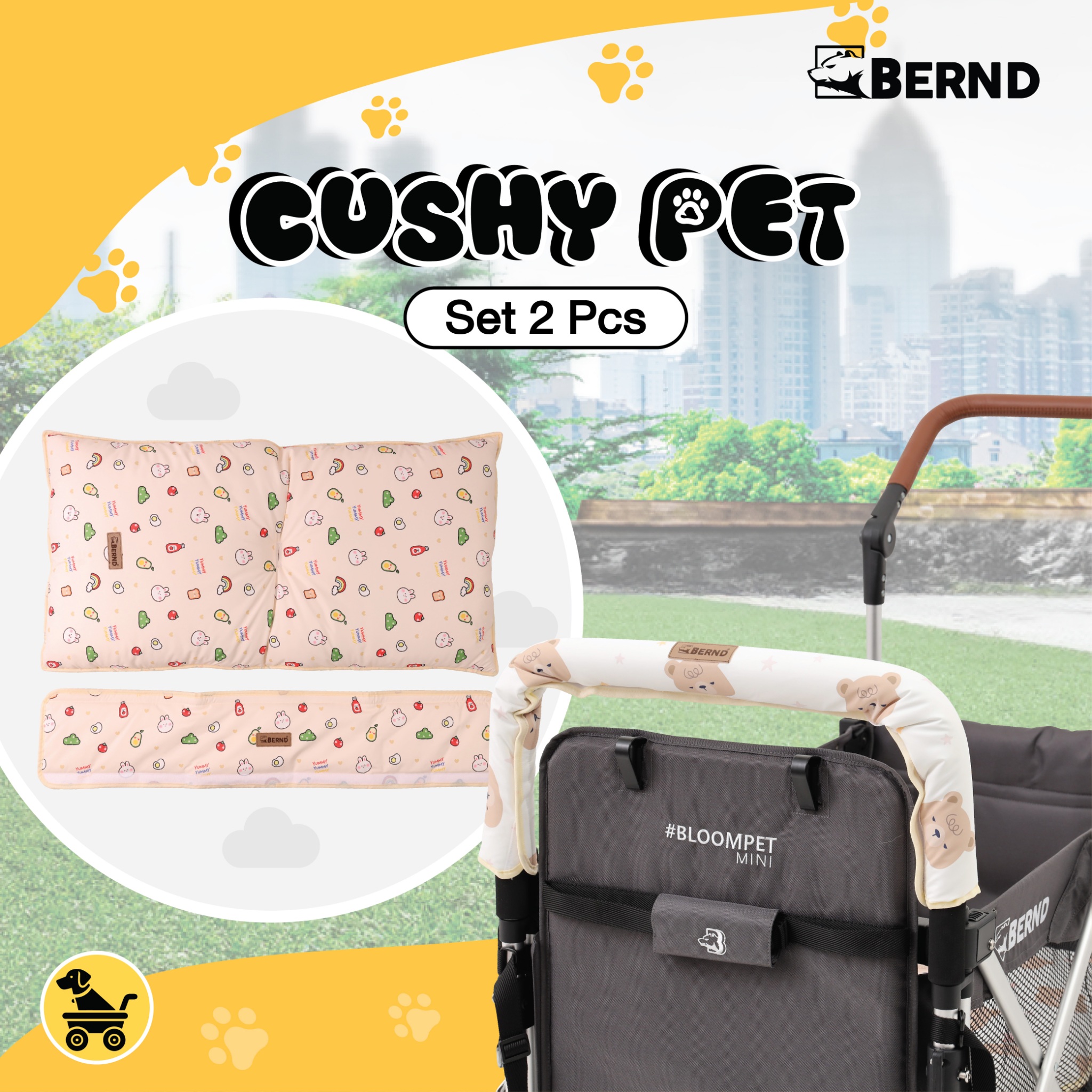 Cushy Pet เบาะรองรถเข็น กันน้ำ สำหรับ Bernd รุ่น Bloom Pet โดยเฉพาะ พร้อมปลอกหุ้มด้ามจับด้านหน้า