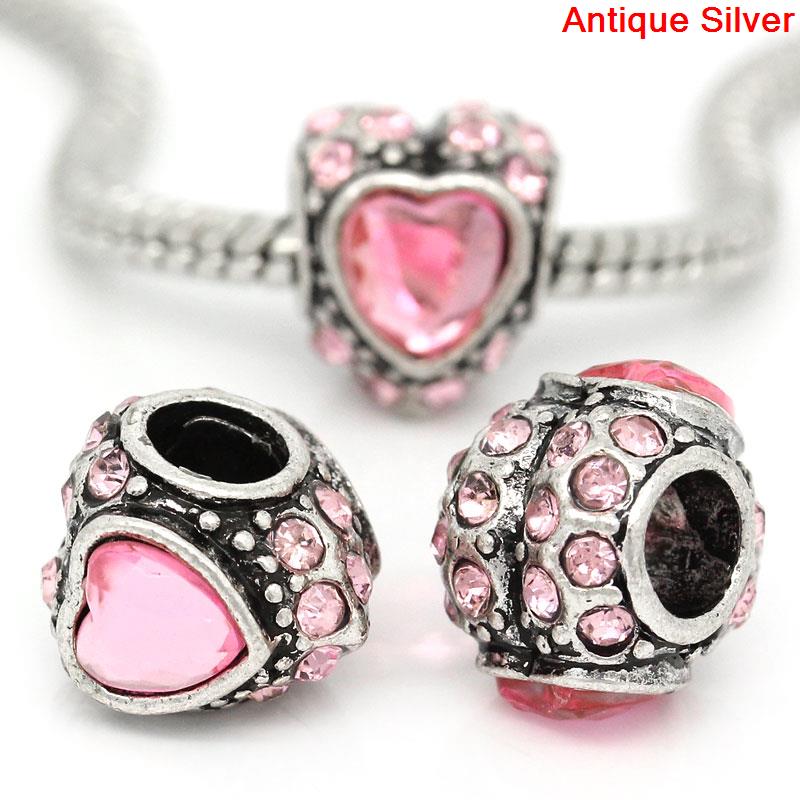 ลูกปัดเงินยุโรป antique รูใหญ่รูปหัวใจ ประดับพลอย Rhinestone สีชมพ ขนาด 12x10mm รู 5mm 1 เม็ด