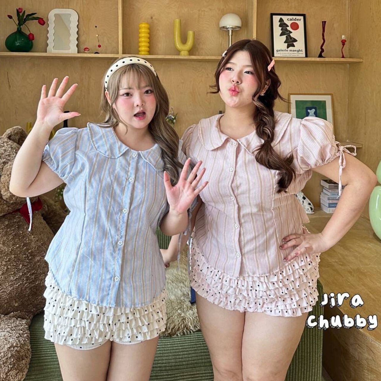 J178 เสื้อ สาวอวบ คอบัว แขนตุ๊กตาแต่งเชื้อกผูก ชมพู ฟ้า อกได้ถึง48 นิ้ว