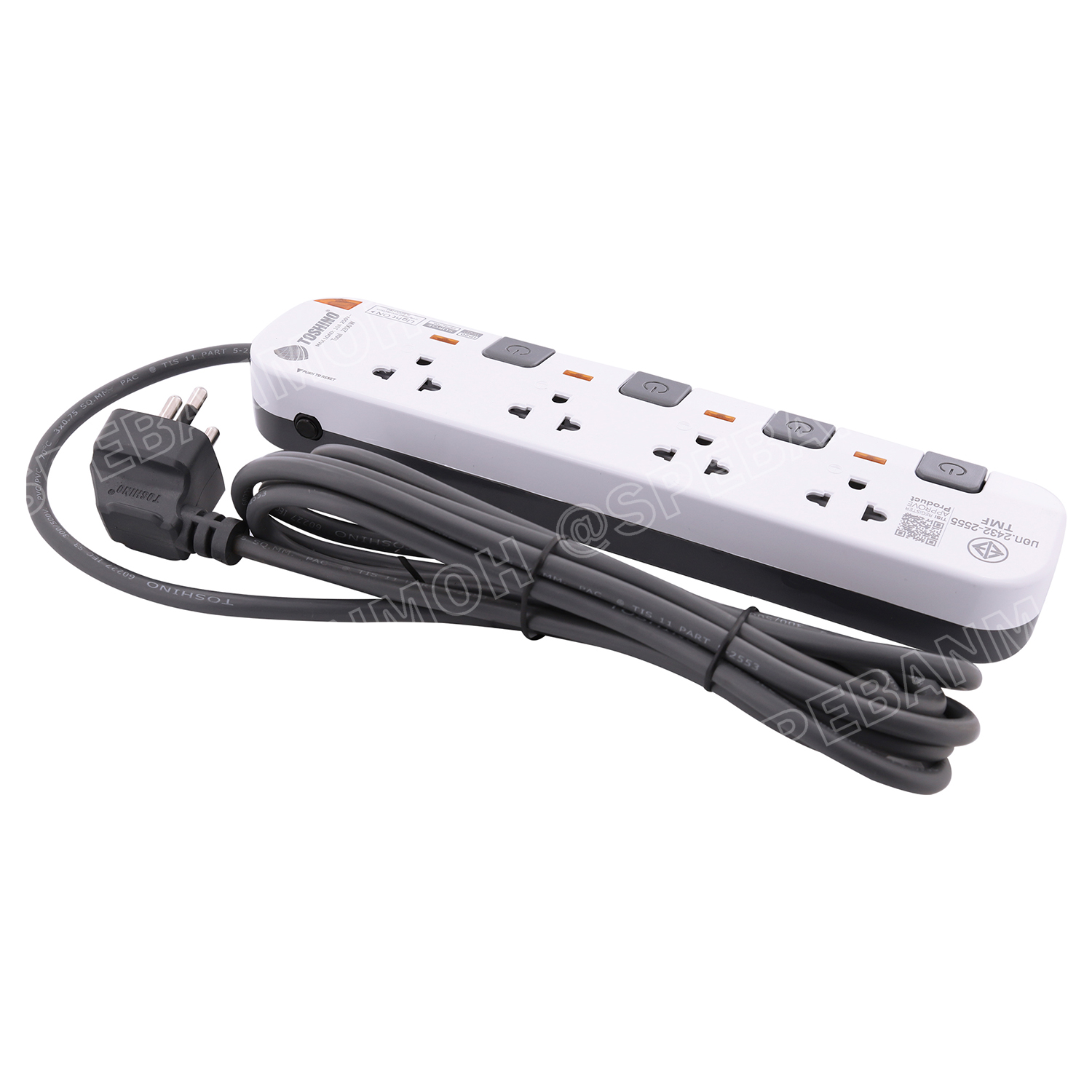 P4375-3M-WGS รุ่นพิเศษ หัวปลั๊กงอ 90 องศา ปลั๊กพ่วง Toshino P Series รางปลั๊กไฟ Toshino รุ่น P4375 3 เมตร 4ช่อง 4สวิตซ์ 3เมตร 250V 10A 2300W ระบบ Surge Protection ป้องกันไฟกระชาก Circuit Breaker ป้องกันไฟเกิน ผลิตจากวัสดุไม่ลามไฟ ม่านนิรภัย ป้องกันนิ้วมือ