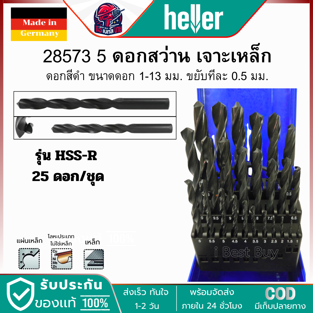 HELLER 28573 5 HSS-R ดอกสว่านเจาะเหล็ก มิเนียม สีดำ 25ตัว ขนาด 1-13 มม.