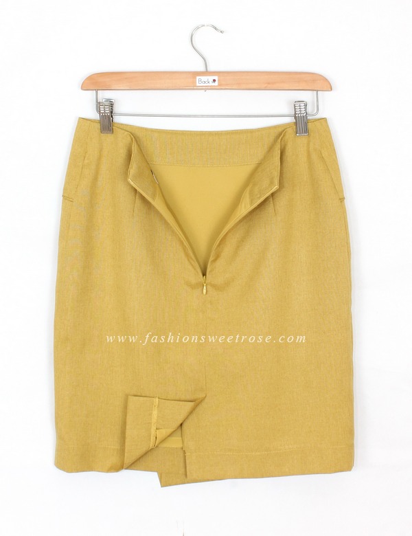 กระโปรงแฟชั่น&ทำงาน กระโปรงทรงสอบผ้าคอตต้อนลินินไอริสสีเหลืองมาสตาส ด้านหน้ากระโปรงดีไซน์ตัดต่อดูเรียบหรู / SK-428
