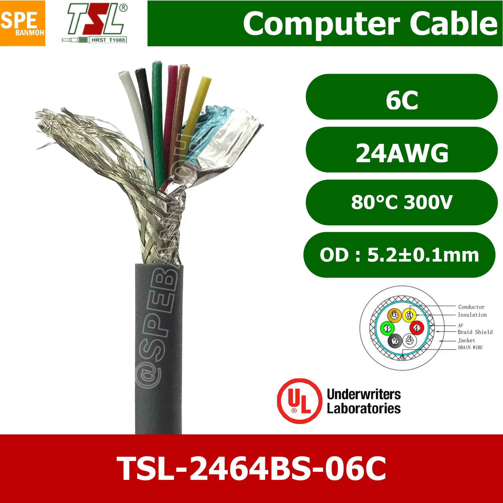 [ 1 เมตร ] TSL UL2464 6C สายคอมพิวเตอร์ 6คอร์ 0.2 mm2 300V 80C สายมัลติคอร์ TSL แบบชีลถัก มาตรฐานUL Braid Shield Mylar Foil แบบชีลถัก สายไฟ สายคอร์นำสัญญาณ