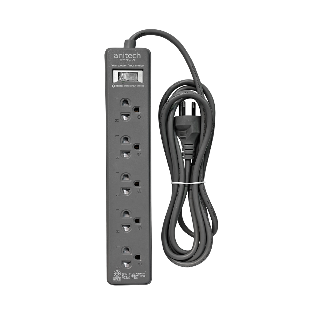 ANITECH รางปลั๊กไฟ 5 ช่อง 1 สวิตซ์ สีเทา รุ่น H1035-GY ปลั๊กไฟมาตรฐาน มอก.