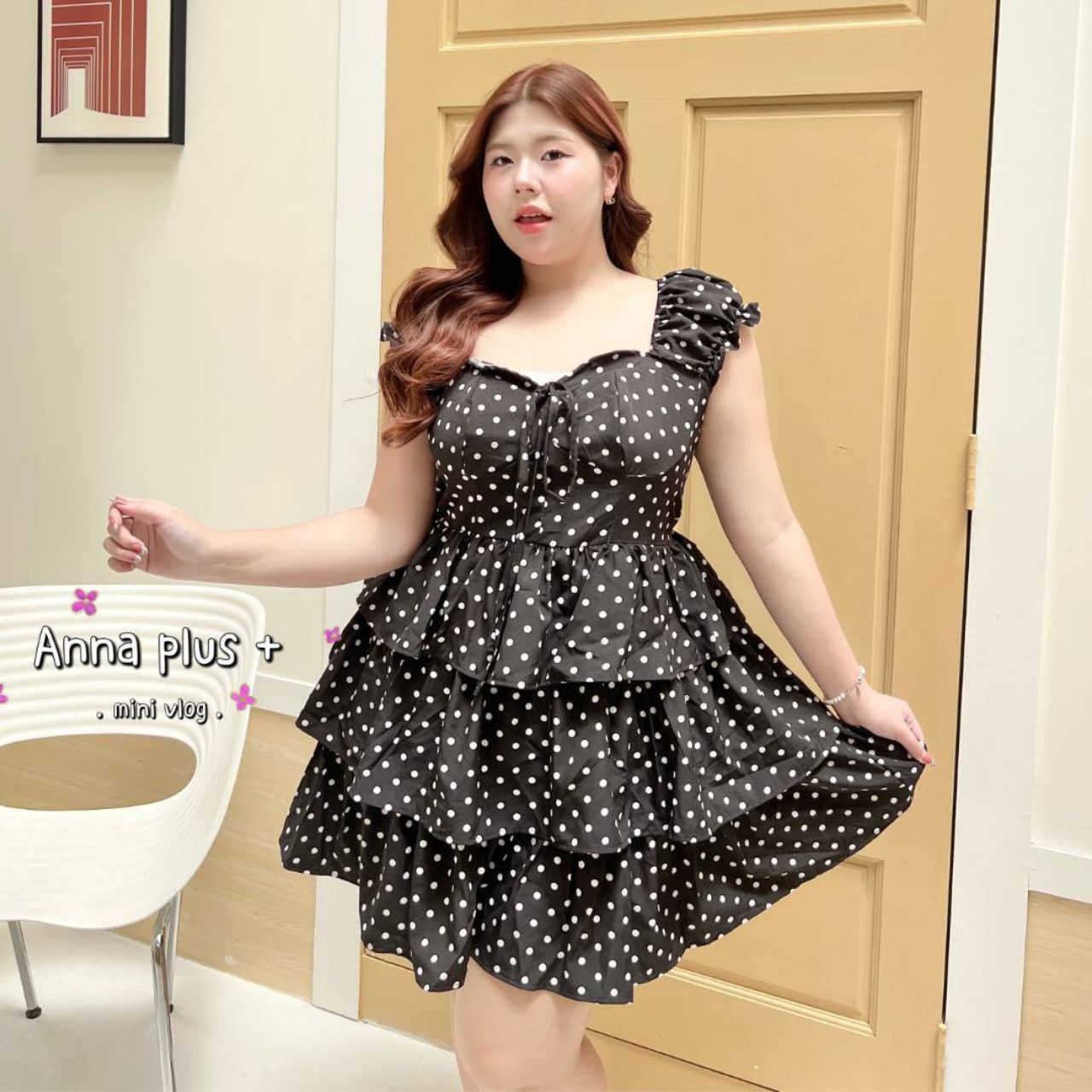 A243 เดรส สาวอวบ กระโปรงซ้อนชั้น ขาว ดำ ชมพู อก42-52