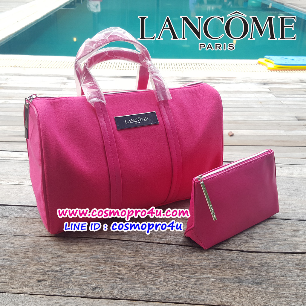 (ชุดกระเป๋า 2 ใบ Lancome สีชมพูสด pink rose) กระเป๋าถือผ้าสักหลาด ขนาดกลาง และ กระเป๋าเครื่องสำอางใบเล็กเข้ากัน