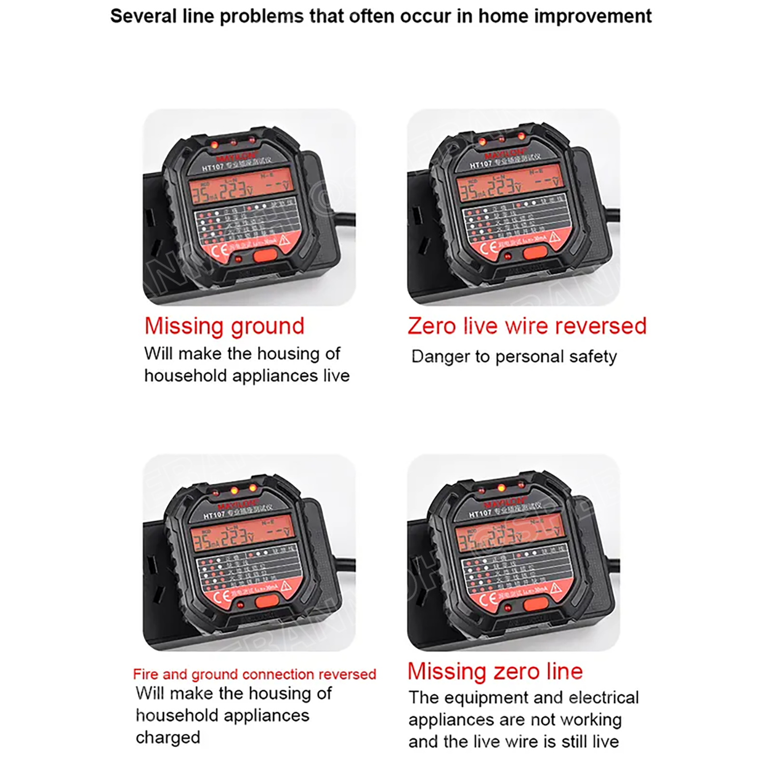 HT107B ปลั๊กเชคเต้ารับ Socket Outlet Tester อุปกรณ์เช็ตเค้ารับ LCD Digital จอแสดงผล LCD เทสเต้ารับ ระบบ GFCI / RCD TEST เครื่องเทสการต่อสาย อุปกรณ์ทดสอบไฟรั่ว Eletricaly Leak-prooftest ขาเสียบ US 2ขาแบน