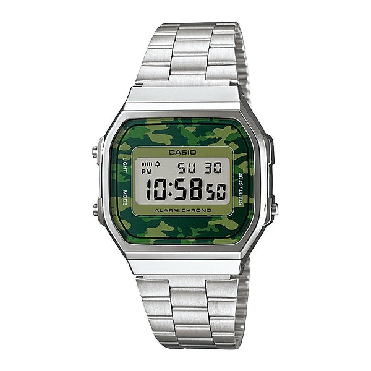 CASIO Standard รุ่น A168WEC-3DF สีเงิน หน้าปัดลายพราง สายสแตนเลส สินค้าของเเท้ รับประกัน 1 ปี