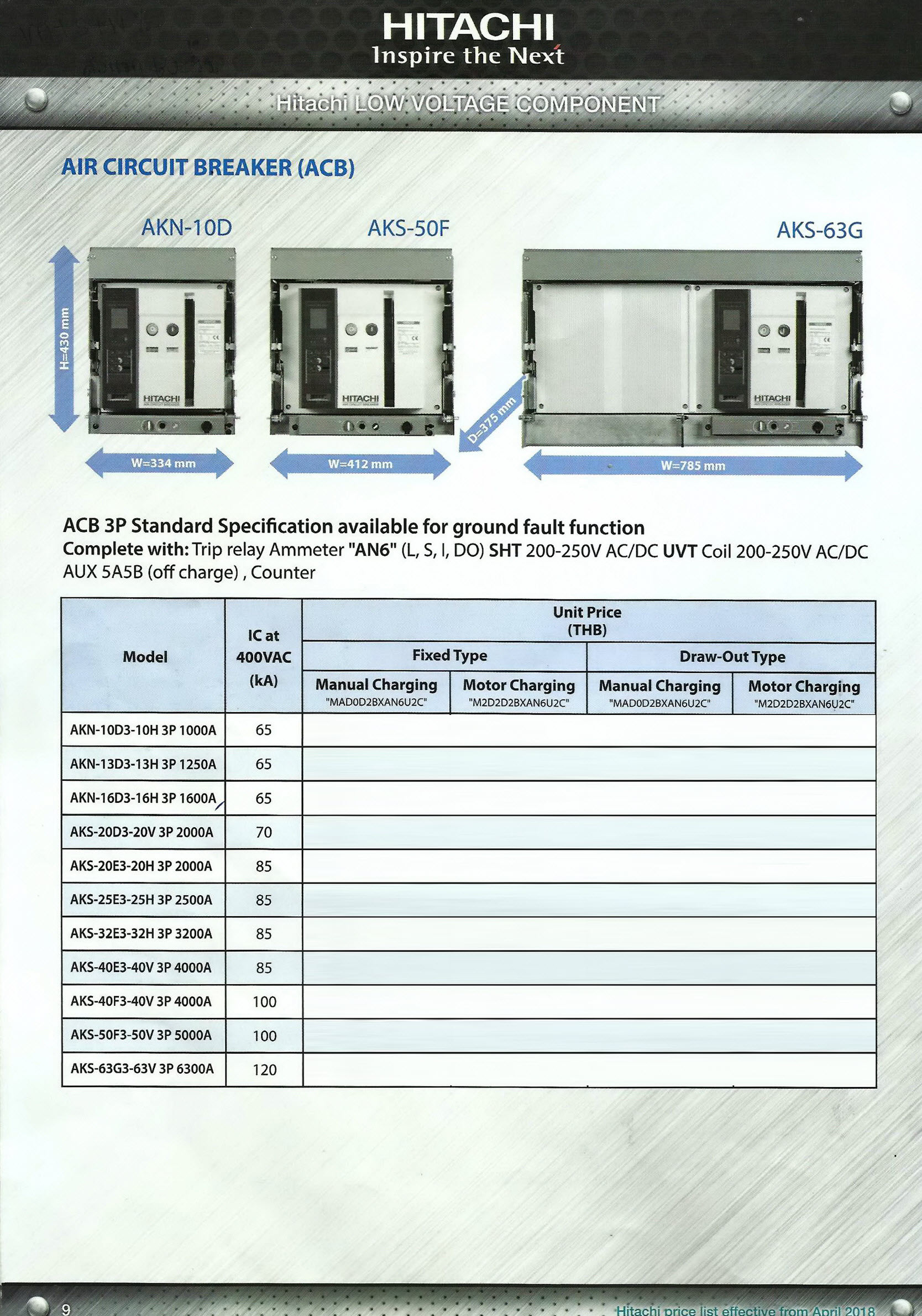(HITACHI) แอร์เซอร์กิต เบรคเกอร์ และ อุปกรณ์เสริม / Air circuit Breaker (ACB), CT, UVT, ShuntTrip