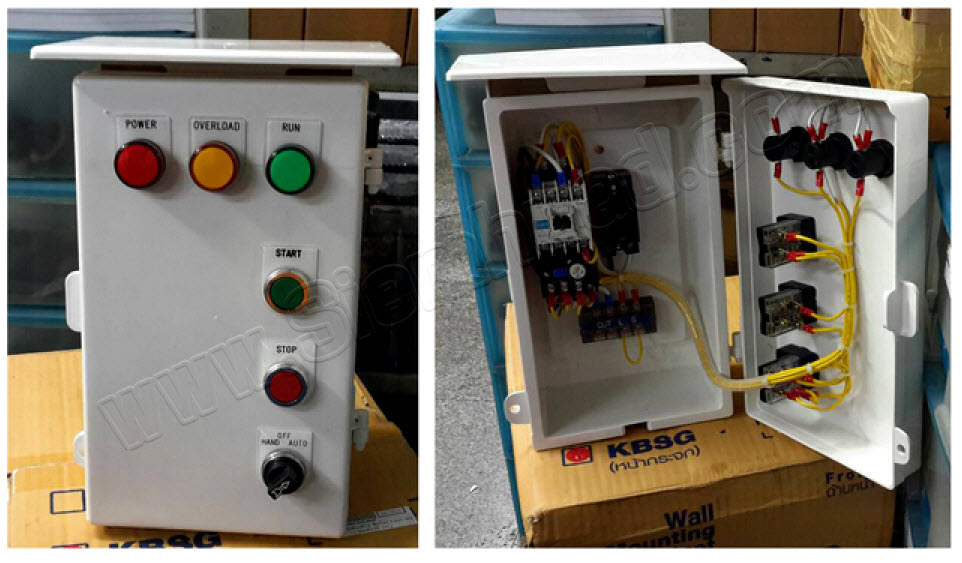 ตู้ควบคุมมอเตอร์ Start Stop ตู้เล็กพลาสติดมีหลังคา รุ่น 1 - 3HP ระบบสตาร์ตรง (อุปกรณ์ Electrical Enclosure, Safety Breaker (PANASONIC), Control Switch (TEND), MAGNETIC CONTACTOR (MITSUBISHI)