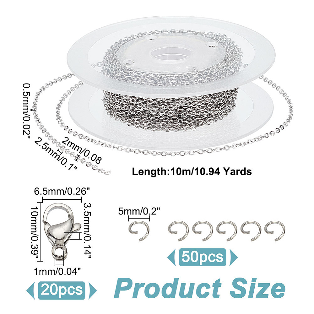 เซตโซ่สแตนเลส 2.5x2x0.5mm ยาว 10 เมตร ห่วงจั๊มพ์ริง 50 ชิ้น ก้ามปู 20 ชิ้น