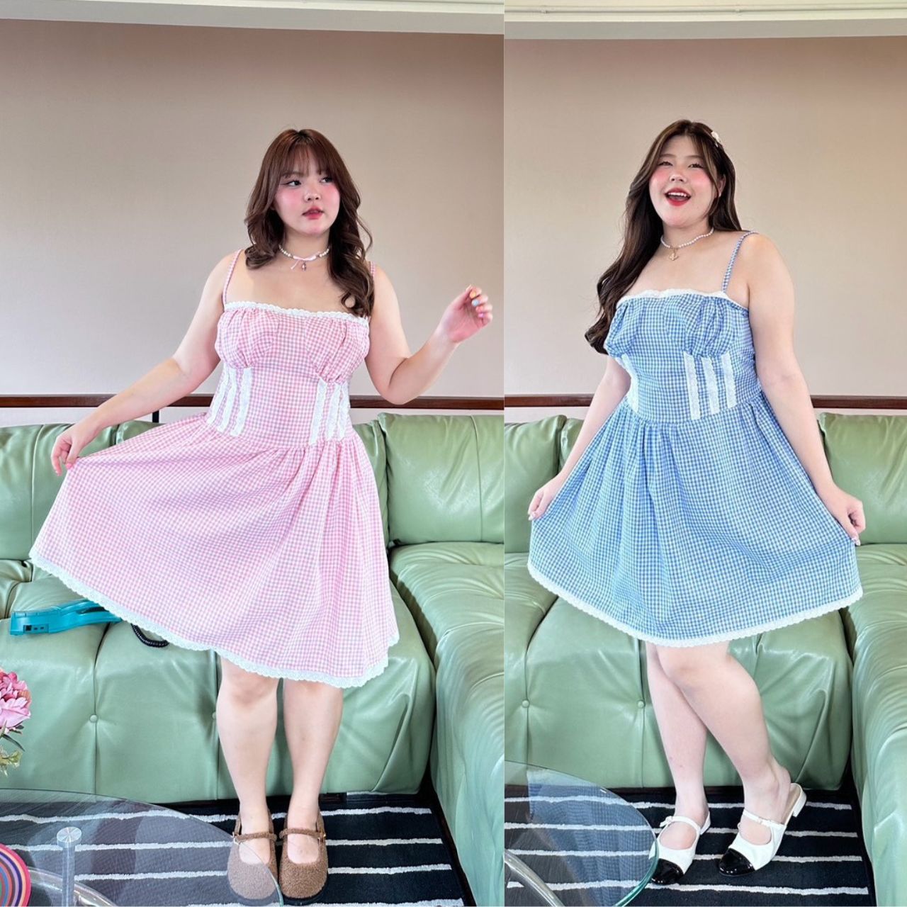 J116 เดรส สาวอวบ ลายสก็อต แต่งขอบลูกไม้ ชมพู ฟ้า อกได้ถึง48นิ้ว หน้าผ้า50นิ้ว