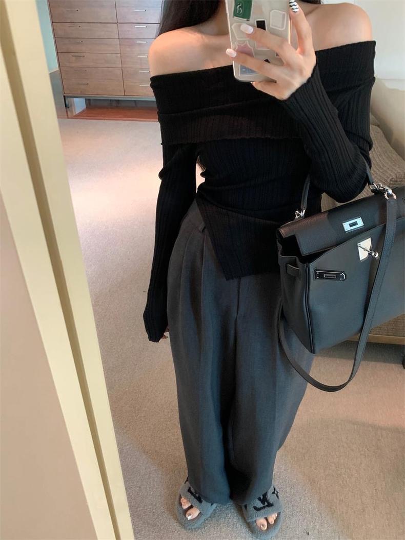 YY off shoulder top เสื้อไหมพรมปาดไหล่