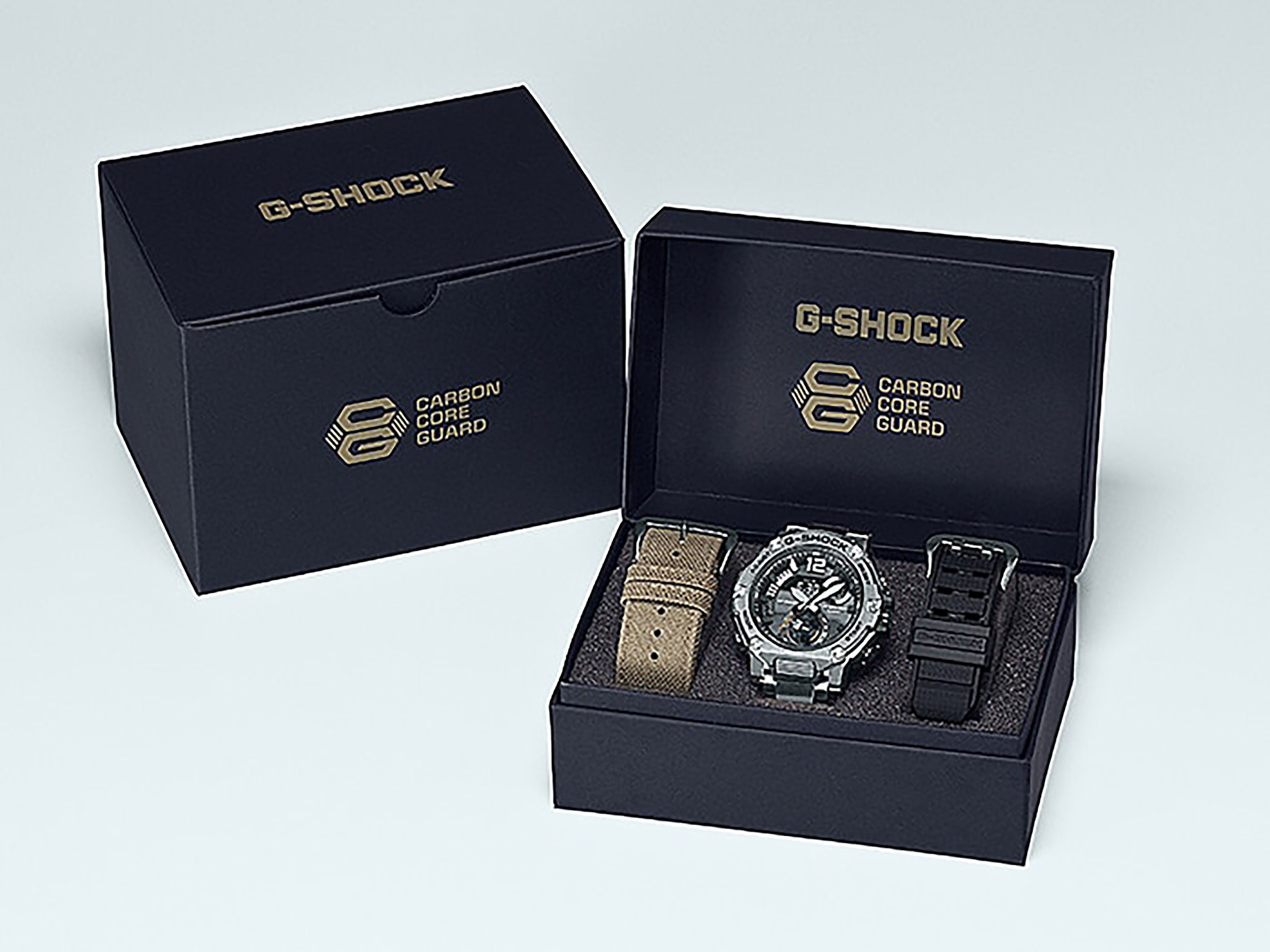 CASIO G-SHOCK รุ่น GST-B300E-5ADR สายสเเตนเลสสีเงิน พร้อมเซ็ตสาย ผ้าสีน้ำตาล สายเรซิ่นสีดำ สินค้าของเเท้ รับประกันศูนย์ CMG