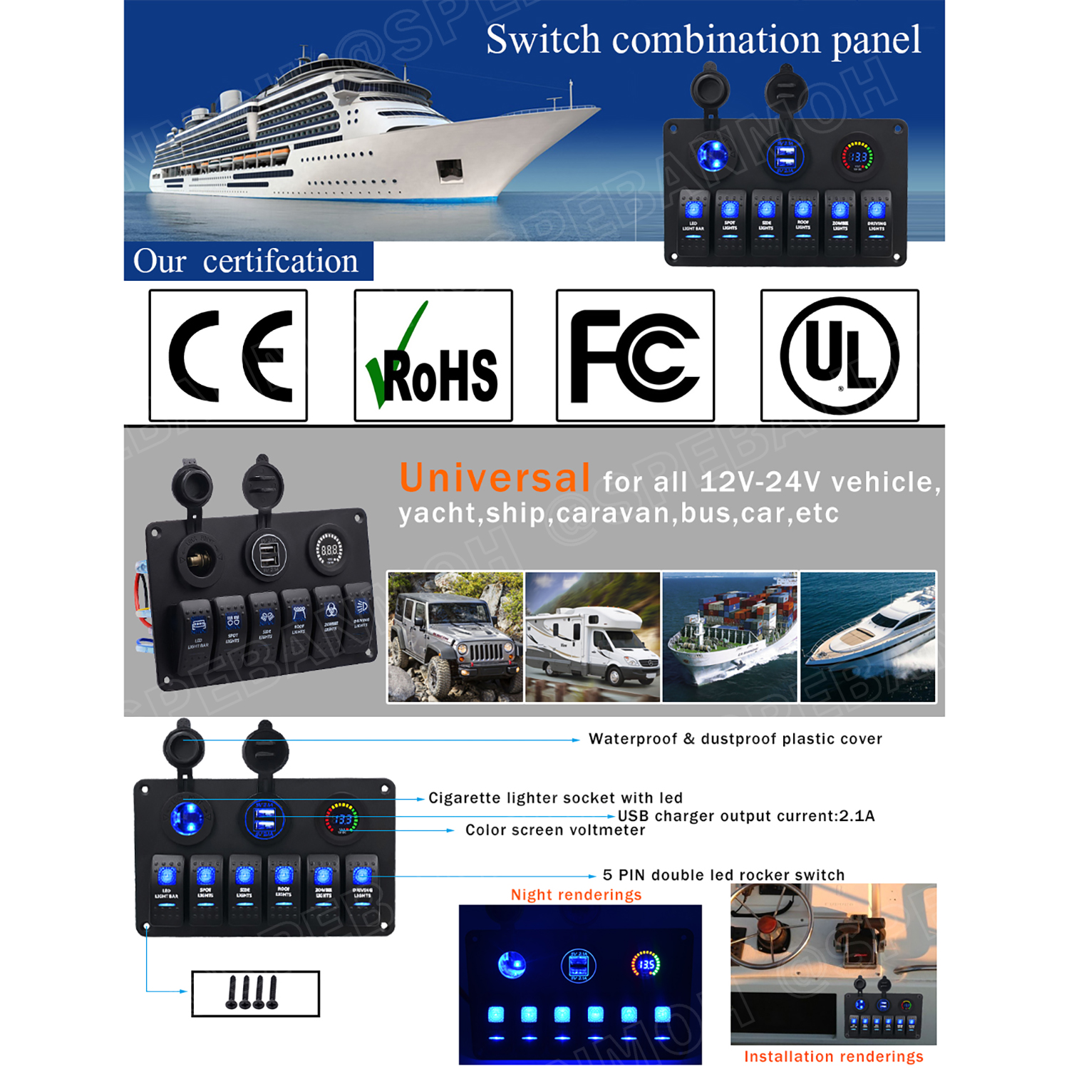 [ 1ชิ้น ] WP-441B1 แผงสวิตช์รถยนต์ เรือ กันน้ำ มีไฟ 12VDC Waterproof 6 gang Rocker Switch Panel for Marine Boat ชุดแผงสสวิทช์ 12V USB-A 2.1A 2Ch สวิทช์ 5ขา มีไฟ LED ช่องสำหรับเสียบปลั๊กจุดบุหรี่ 1ช่อง พร้อมหน้าจอแสดง ดิจิตอล โวลต์มิเตอร์